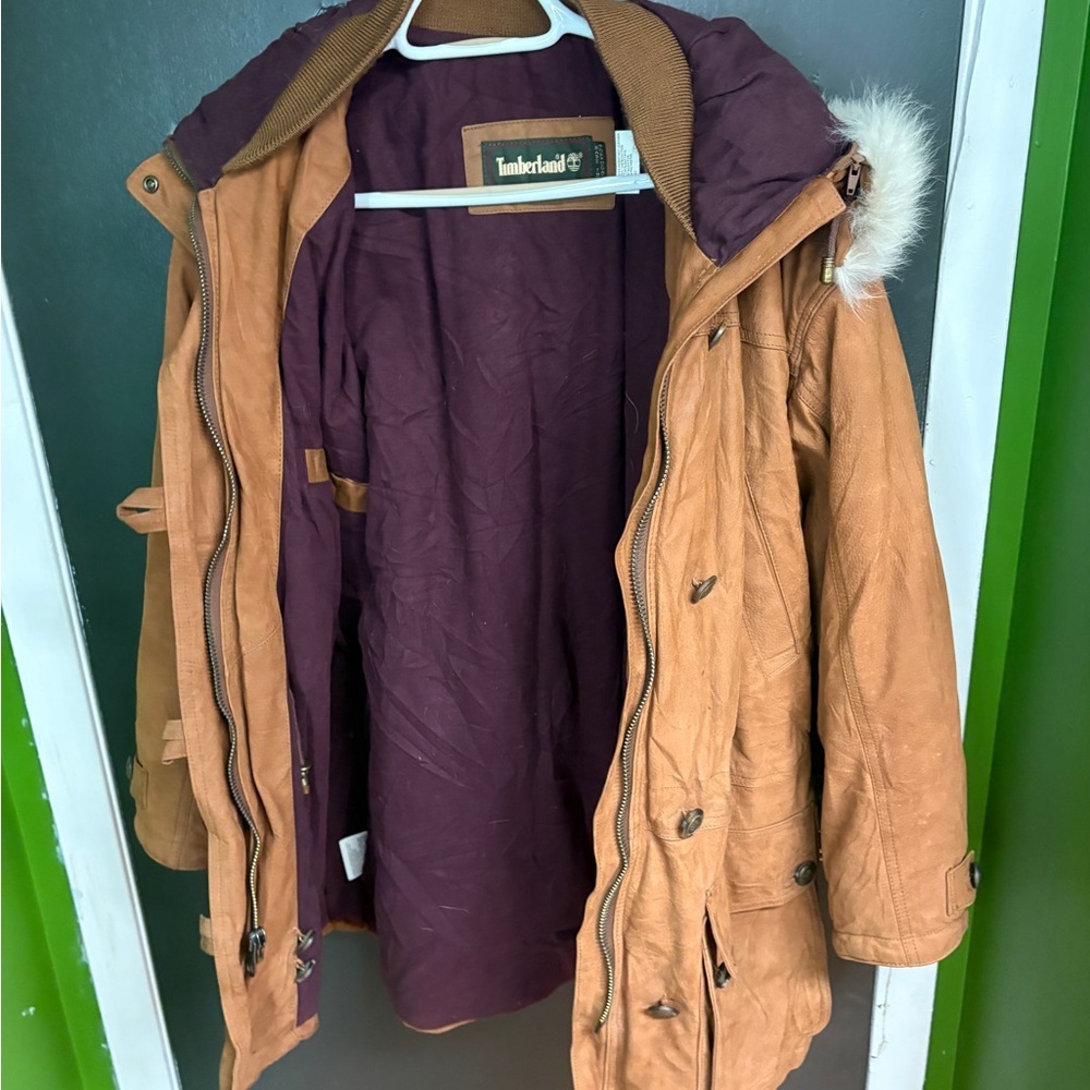 Timberland Vintage 90s Women’s M Tan Weathergear Leather Parka. Portugal